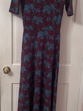 LuLaRoe Burgundy Maxi Dress with Teal Floral Print